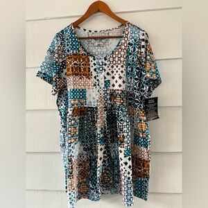 Womens Within Patchwork Print Women's Tunic Top Short Sleeves L NWT